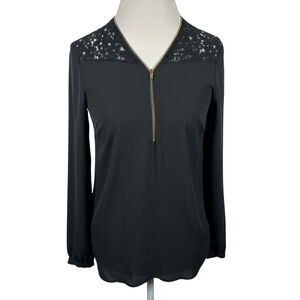 Cache Black Lace Long Sleeve Blouse Gold Zip V- Neck Chic Romantic Size XS